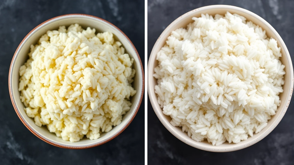 Split-screen comparison showing cooked cauliflower rice on left side versus white rice on right side in matching bowls, professional food photography lighting, clearly showing texture and volume differences