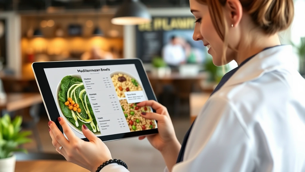Professional dietitian analyzing colorful Mediterranean bowl components on tablet screen showing nutritional breakdown with spinach, chickpeas, whole grains, and olive oil drizzle in modern restaurant setting