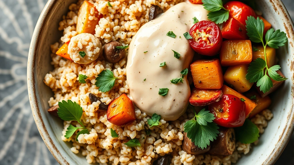 Close-up of healthy Mediterranean bowl with visible layers of quinoa, roasted vegetables, tahini sauce, and fresh herbs photographed from above with warm natural lighting emphasizing food quality