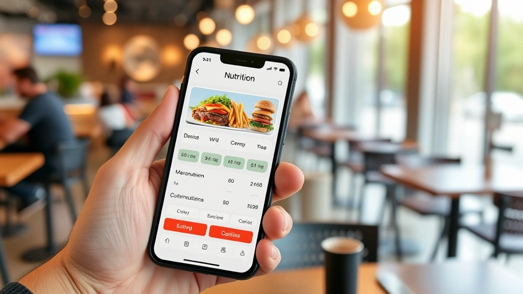 Person holding smartphone displaying nutrition calculator interface with customizable meal options, showing real-time macronutrient updates and calorie totals in modern casual dining environment