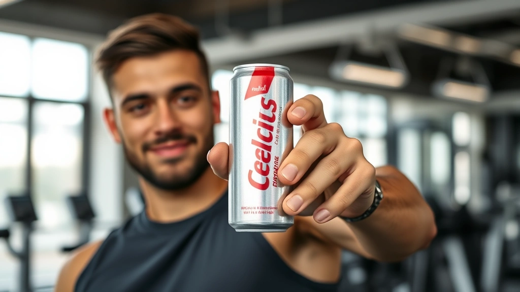 Professional fitness enthusiast holding a Celsius energy drink can in modern gym setting with blurred equipment background, natural lighting highlighting the can's design