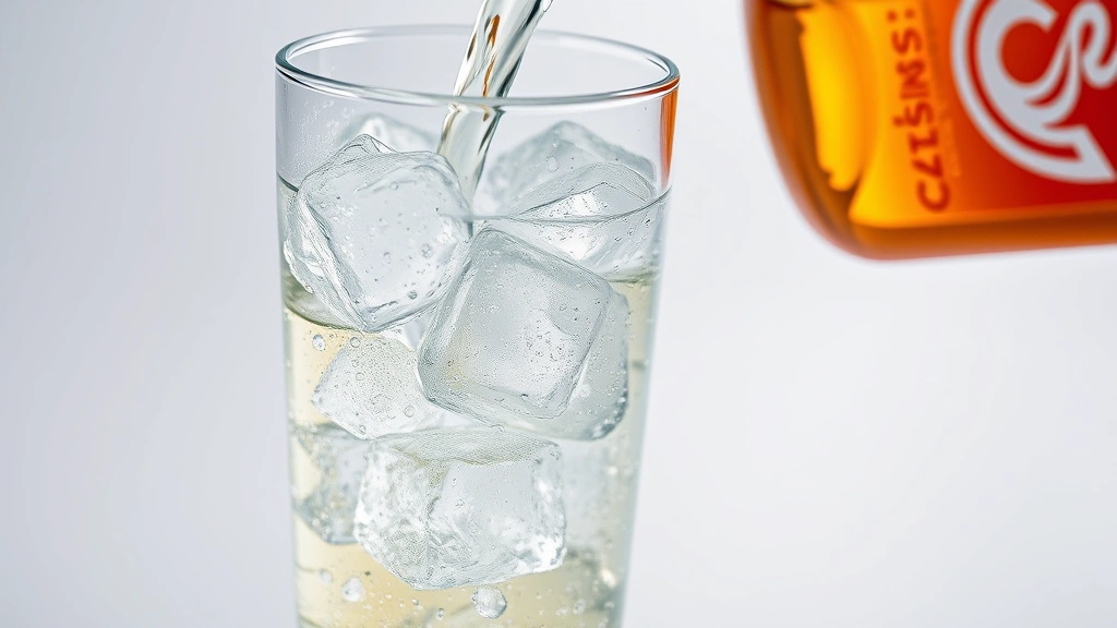 Close-up macro photography of Celsius drink being poured into a glass with ice, showing the vibrant liquid color and carbonation bubbles, minimalist white surface