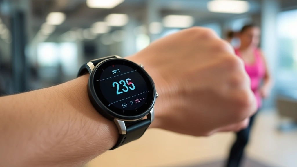 Fitness tracking dashboard on smartwatch displaying heart rate and calorie metrics, with blurred gym background, representing metabolic monitoring during workout