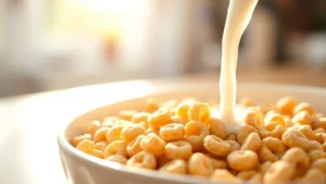 Close-up of golden Cheerios cereal pieces in a white ceramic bowl with fresh whole milk being poured, morning sunlight streaming through kitchen window, professional food photography style, shallow depth of field