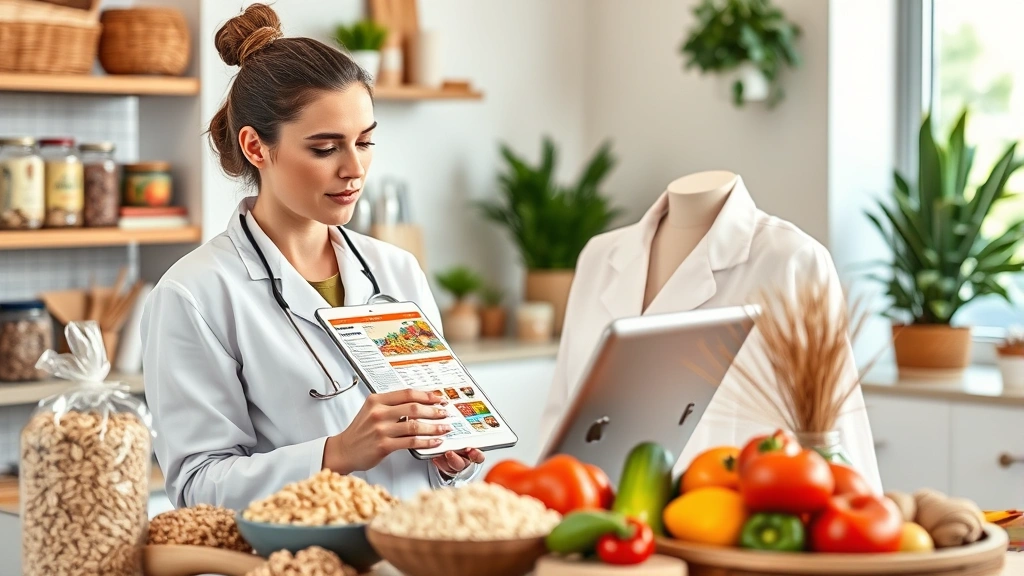 Nutritionist reviewing colorful nutrition labels and food data on tablet, surrounded by whole grain products, oats, and fresh produce, modern wellness clinic setting, natural lighting, focused and professional