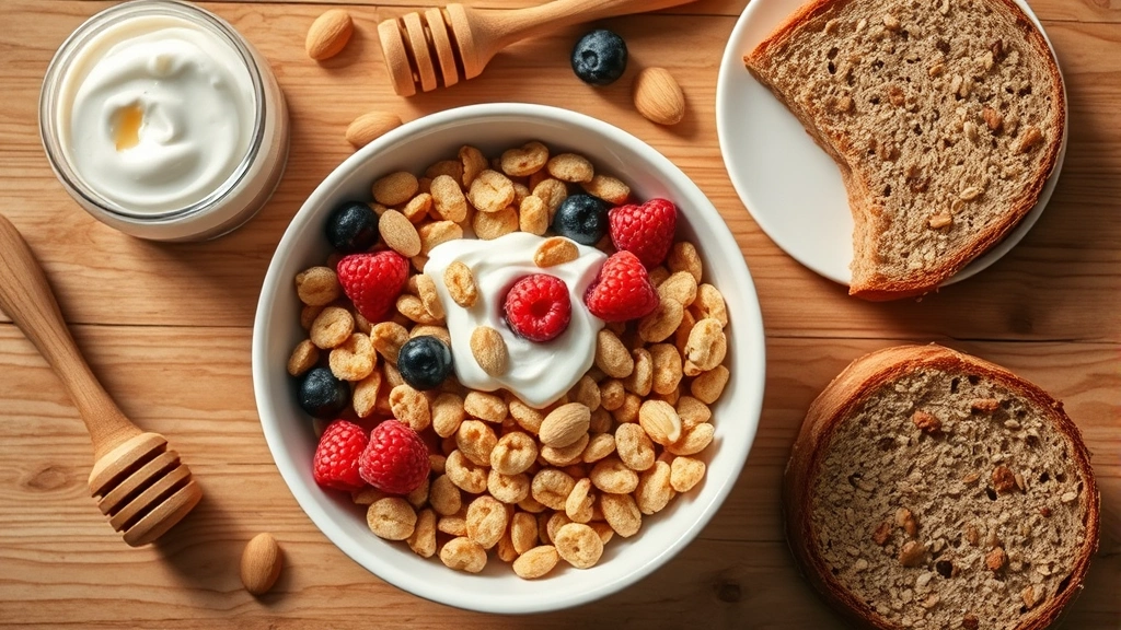 Overhead flat lay of breakfast components arranged artfully: bowl of Cheerios, fresh berries, almonds, Greek yogurt, honey drizzle, whole grain toast, wooden table surface, warm morning light, minimalist aesthetic
