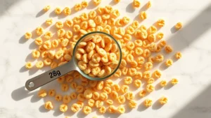 Overhead flat lay of original Cheerios cereal scattered on white marble surface with measuring cup showing 28 grams, warm morning sunlight creating shadows, photorealistic, no text visible