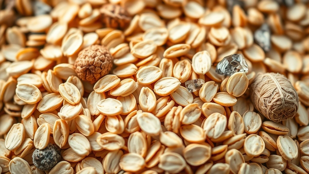 Close-up nutritional breakdown visualization showing whole grain oats, fiber strands, and micronutrient elements in artistic arrangement, scientific photography style, no labels or text