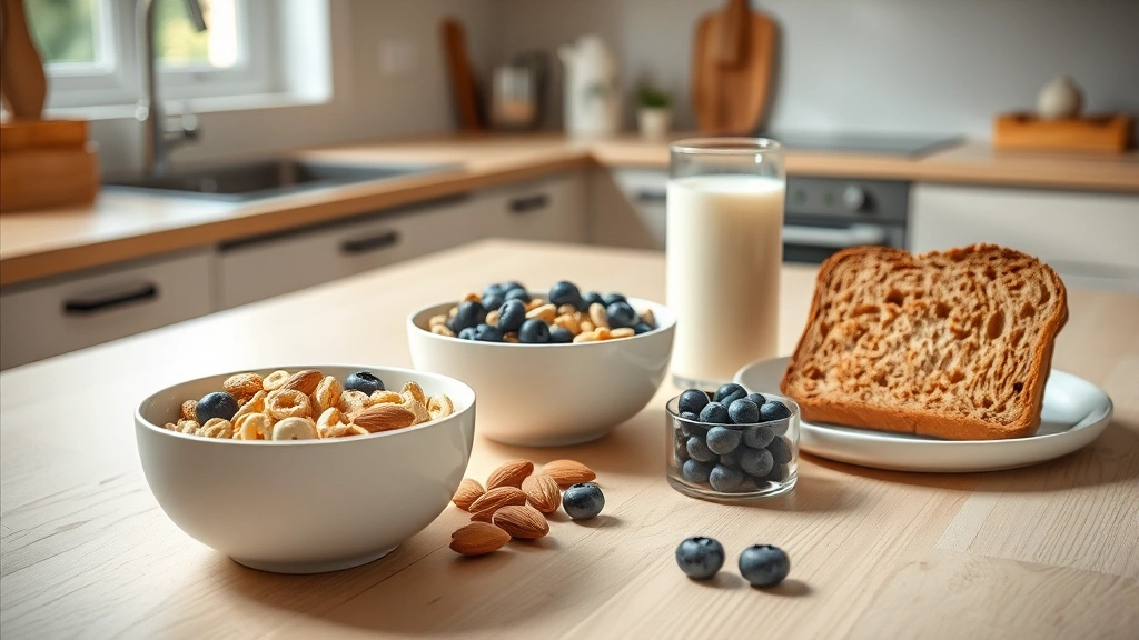 Modern kitchen breakfast scene with bowl of Cheerios, fresh blueberries, almonds, glass of milk, and whole wheat toast arranged on light wood table, natural window light, lifestyle photography