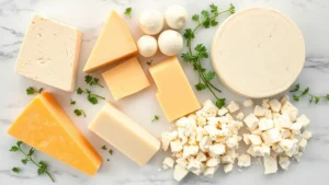Overhead flat lay of diverse cheese varieties including cheddar blocks, fresh mozzarella balls, aged Parmesan wedges, creamy brie, and feta crumbles arranged on marble surface with fresh herbs, demonstrating nutritional variety
