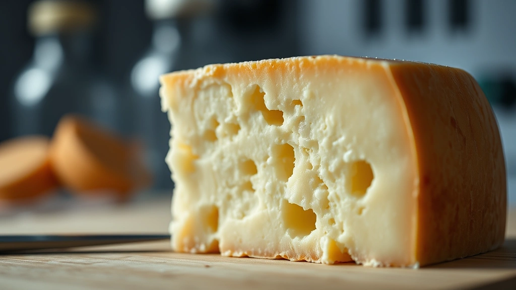 Close-up macro photography of cheese cross-section showing crystalline structure and texture detail, with soft focus background suggesting laboratory or nutritional analysis context