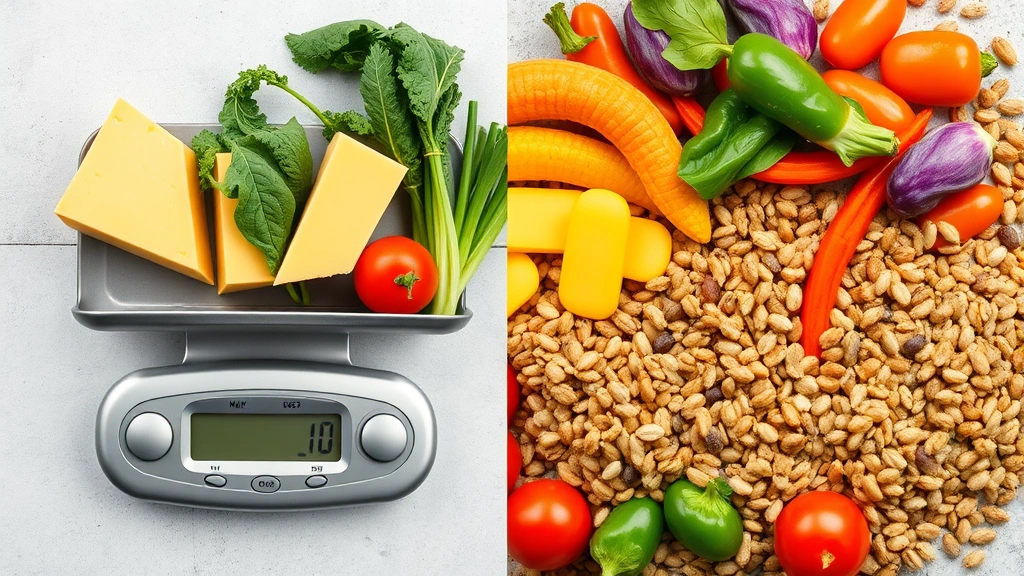 Split-screen composition showing one side with measured cheese portions on a nutrition scale and the other side displaying vibrant vegetables and whole grains, illustrating balanced meal composition with cheese integration
