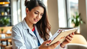 Professional dietitian analyzing colorful restaurant menu on tablet, natural lighting, modern office setting, focus on nutritional data visualization