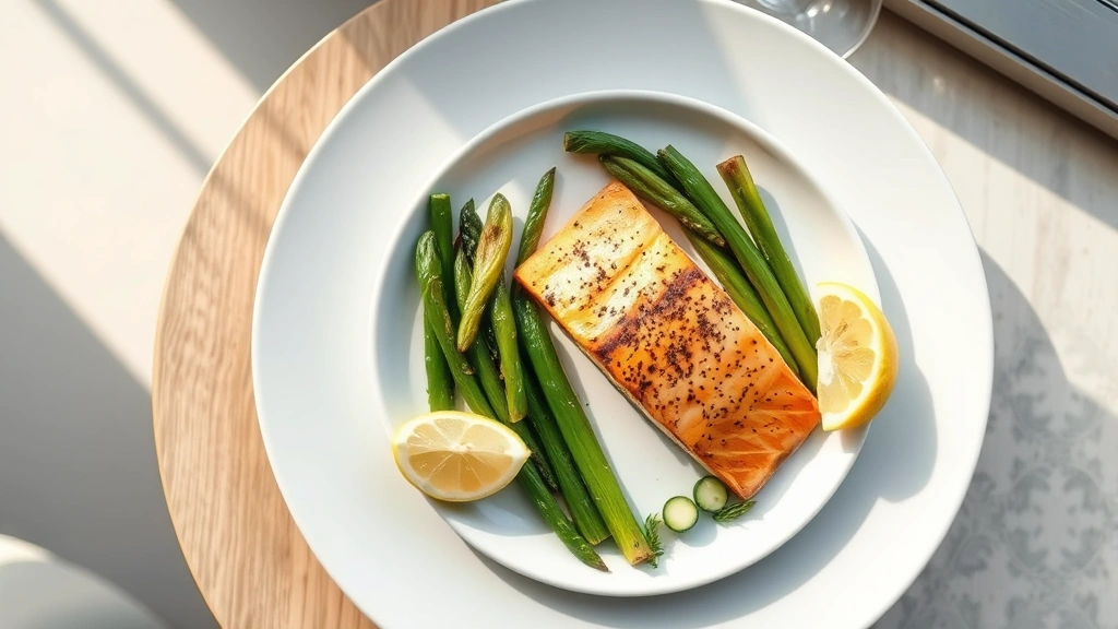 Overhead shot of restaurant plate with grilled salmon, steamed vegetables, and lemon wedge, minimalist plating, natural daylight through window