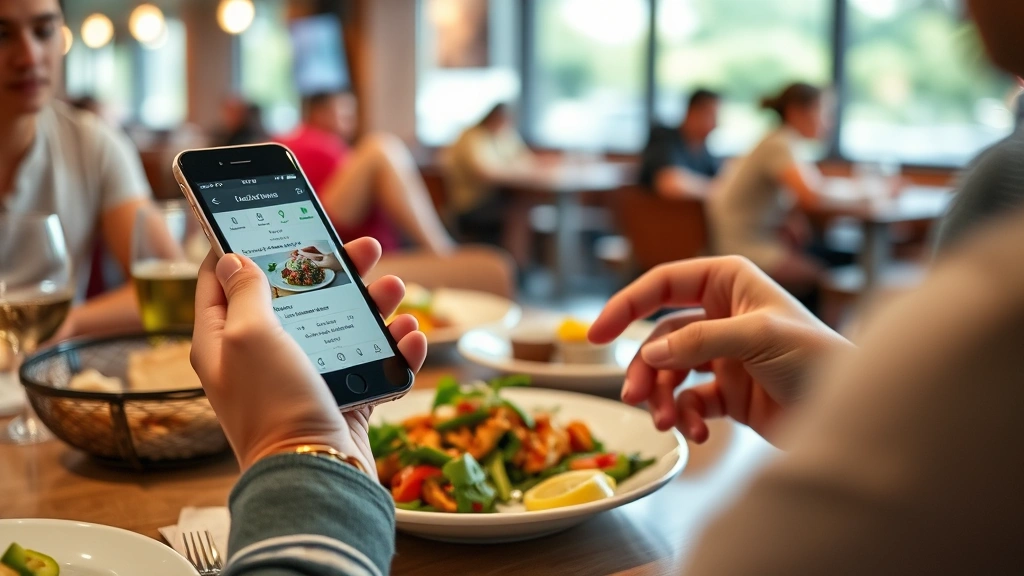 Person using smartphone app to track meal calories and macronutrients at restaurant table, casual dining environment, shallow depth of field