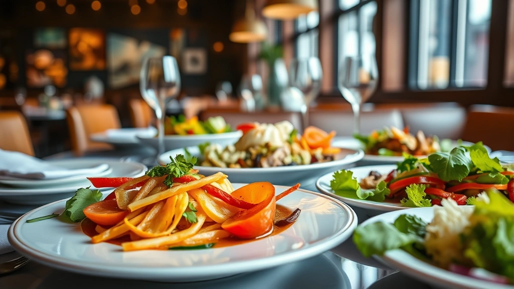 Close-up of vibrant restaurant table setting with colorful plated dishes, fresh vegetables, and garnishes, natural lighting highlighting food textures and colors, warm ambiance suggesting fine dining environment
