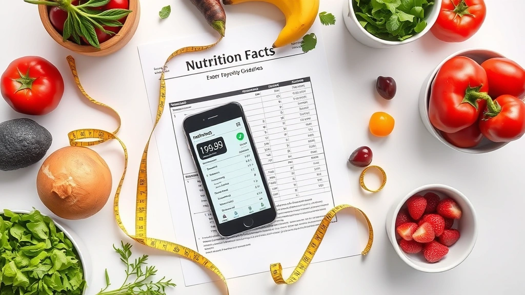 Overhead shot of nutrition facts document or dietary guidelines laid out with measuring tape, calorie counter app on smartphone, and healthy meal components arranged on white surface, professional nutritionist workspace aesthetic