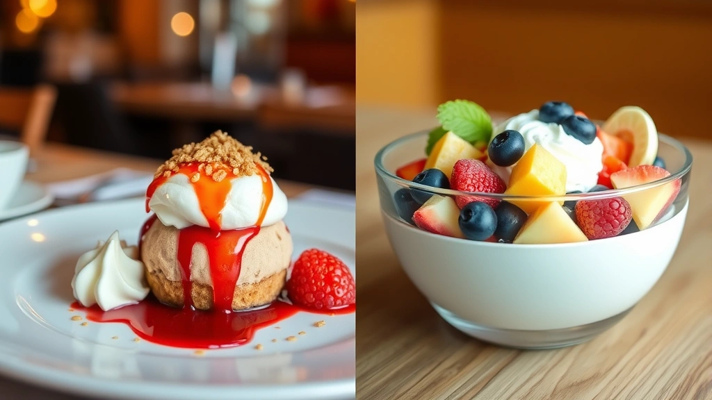Split-screen comparison showing restaurant plated dessert with rich cream and toppings on one side, and fresh fruit bowl on other side, soft focus background, emphasizing portion size and nutritional contrast visually