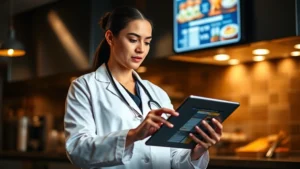 Professional dietitian in white coat reviewing restaurant nutrition data on tablet, modern kitchen background, warm lighting, focused expression analyzing food information
