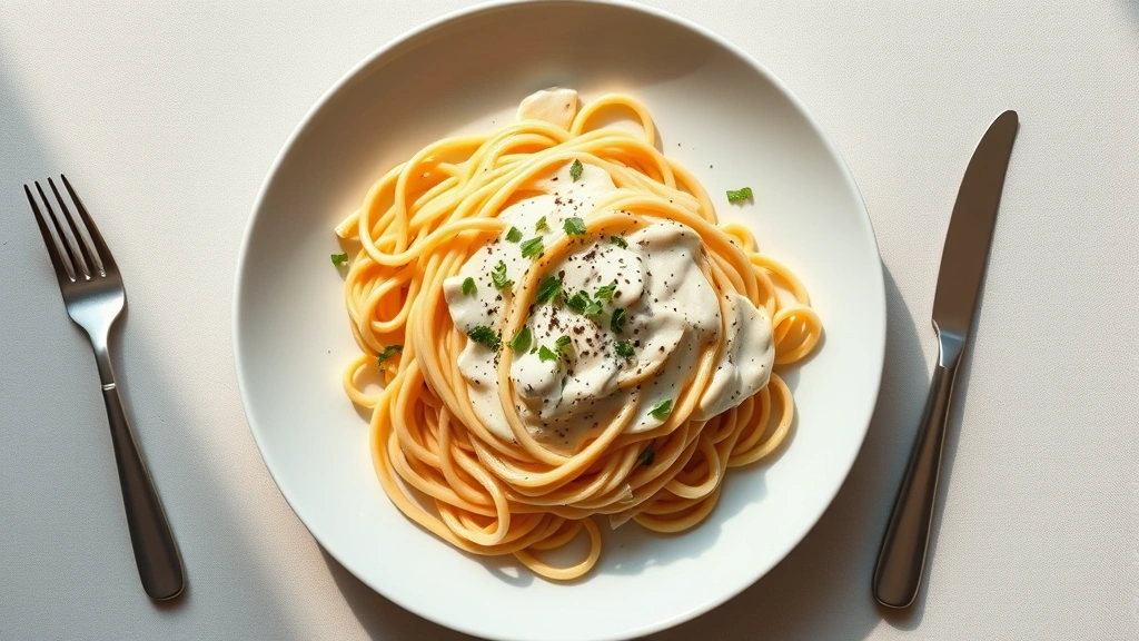 Overhead shot of oversized pasta dish with cream sauce on white plate, utensils on sides, soft natural lighting highlighting portion size excess, minimalist setting