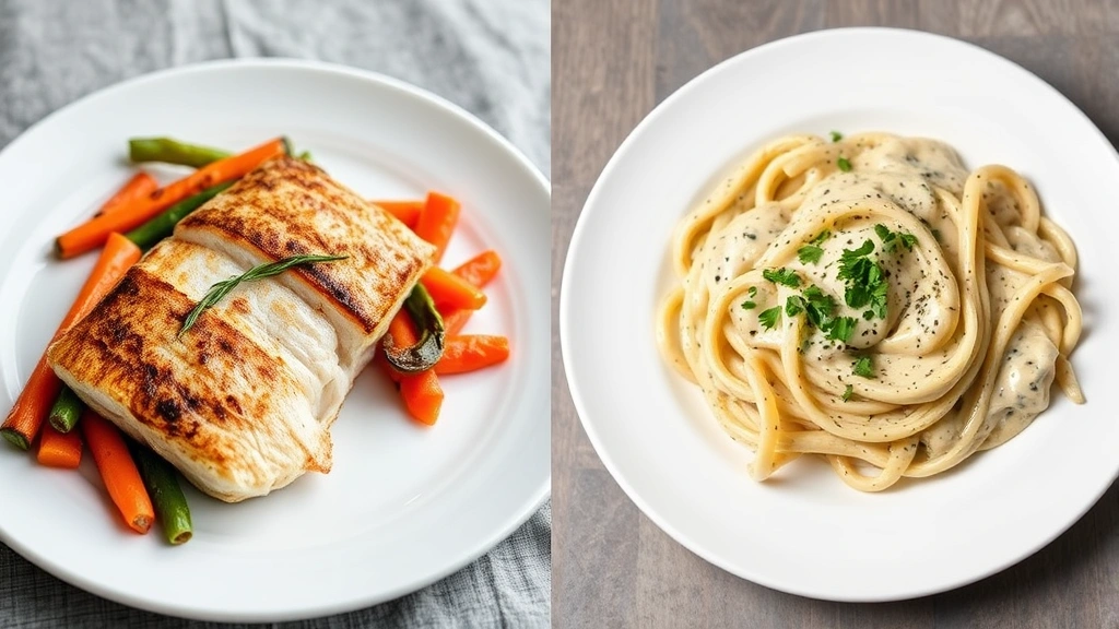 Split-screen comparison: grilled fish fillet with vegetables on left side, rich creamy pasta on right side, both on white plates, professional food photography, neutral background