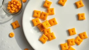 Close-up flat lay of scattered orange cheese crackers on a white ceramic plate with a small portion measured in a glass bowl beside it, natural daylight, minimalist composition