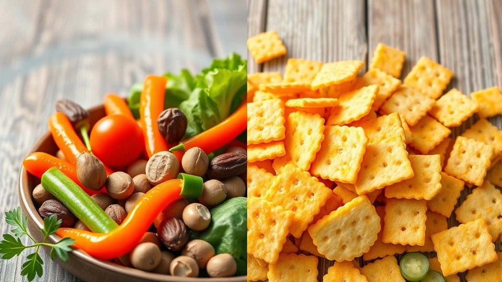 Split-screen comparison showing colorful fresh vegetables and nuts on one side, processed cheese crackers on the other side, professional food photography lighting
