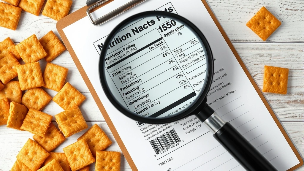 Overhead view of nutritional information label being analyzed with a magnifying glass, surrounded by scattered crackers and a clipboard with diet notes, documentary style