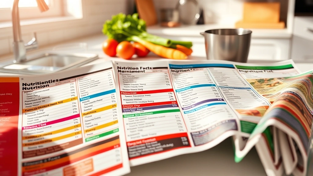 Close-up of colorful nutrition labels and ingredient lists spread across a modern kitchen counter with measuring tools and fresh vegetables in soft natural lighting, showing detailed macronutrient information panels