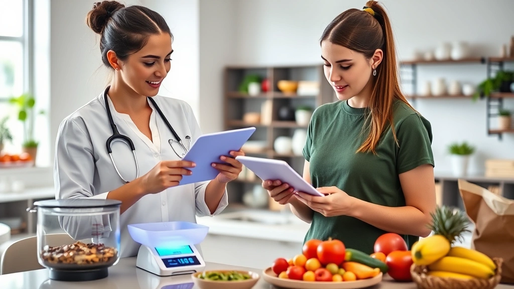 Professional nutritionist or dietitian reviewing food packaging with measurement scales and food tracking applications visible on tablet, modern wellness clinic setting with healthy snacks displayed