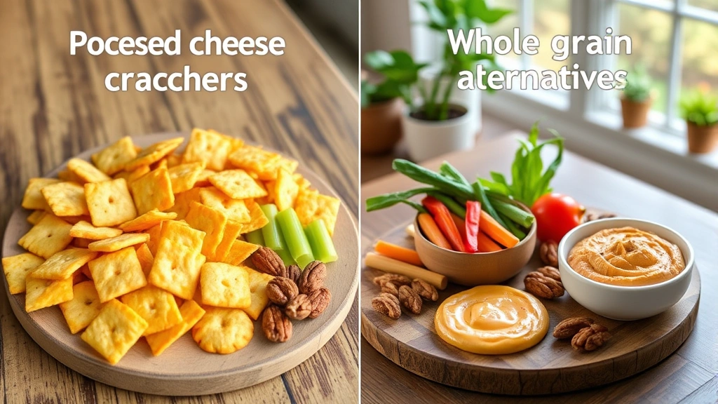 Split-screen comparison of processed cheese crackers versus whole grain alternatives, nuts, fresh vegetables, and hummus arranged artfully on wooden boards with natural daylight streaming through windows