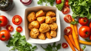 Overhead flat lay of golden-brown pressure-cooked chicken bites in a white cardboard container, surrounded by fresh leafy greens, sliced tomatoes, and colorful vegetables on a clean kitchen counter with natural daylight