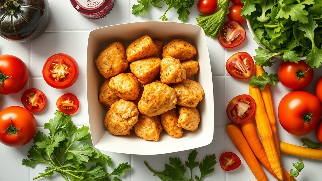 Overhead flat lay of golden-brown pressure-cooked chicken bites in a white cardboard container, surrounded by fresh leafy greens, sliced tomatoes, and colorful vegetables on a clean kitchen counter with natural daylight