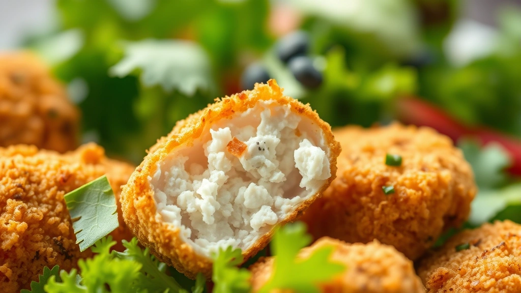 Close-up macro photography of bite-sized breaded chicken pieces showing crispy texture and golden exterior, with blurred fresh salad greens and herb garnish in soft-focus background