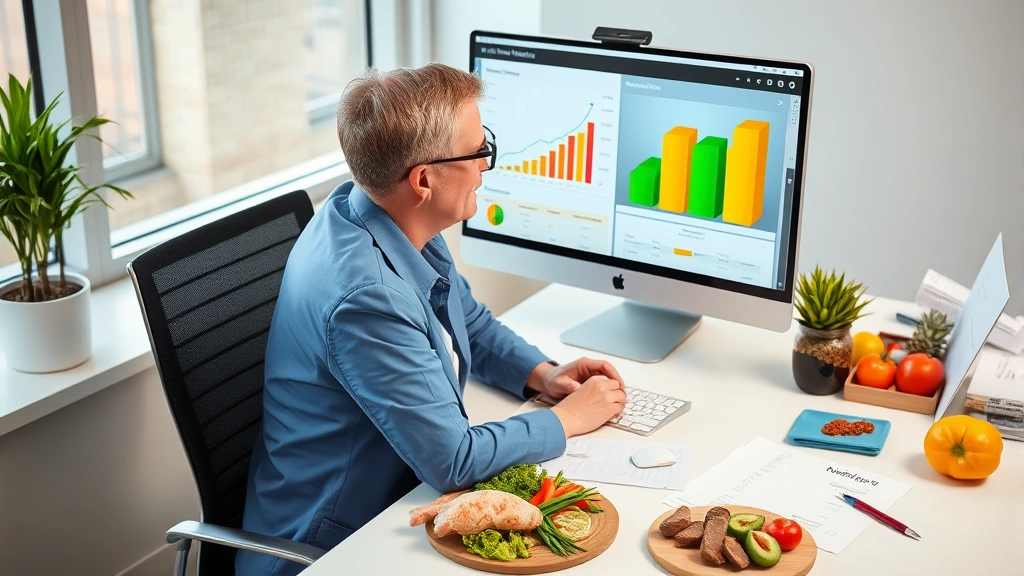Nutritionist sitting at modern office desk reviewing nutrition analysis charts and dietary composition graphs on computer screen, with healthy meal components visible on desk including chicken, vegetables, and meal planning documents
