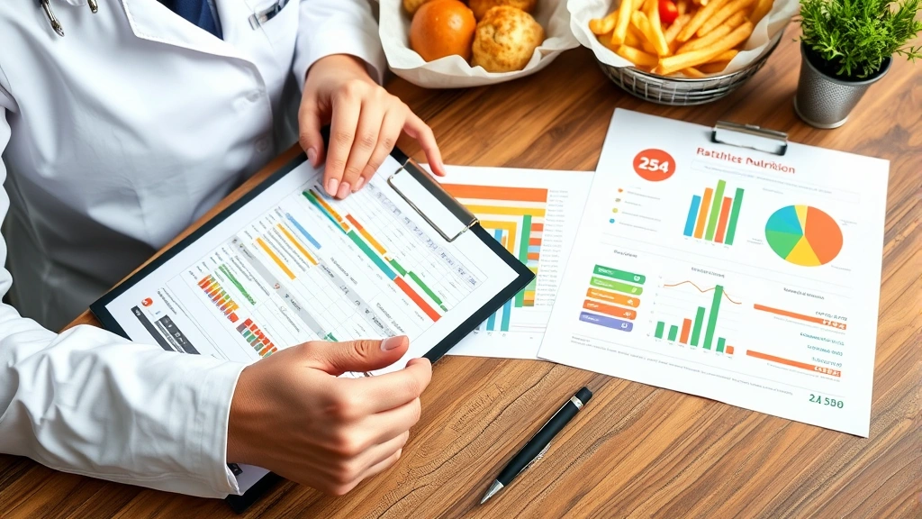 Nutritionist analyzing fast food nutrition data on clipboard with balanced diet charts and calorie counting documentation on wooden desk