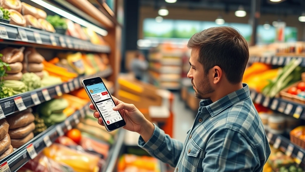 Person reviewing nutrition information on mobile device while making healthy food choices in grocery store or restaurant setting