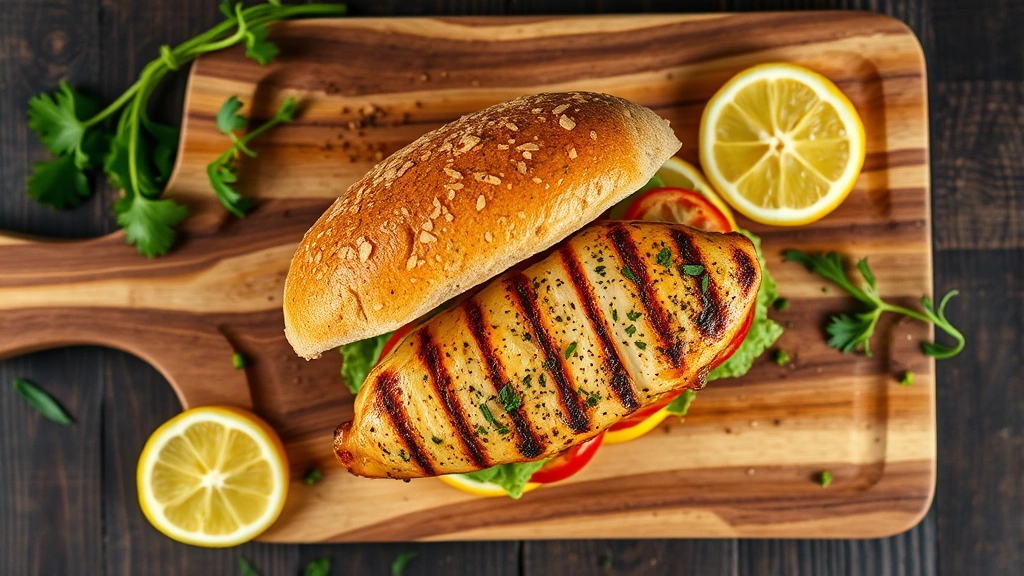 Close-up overhead view of a grilled chicken sandwich on a wooden cutting board with fresh lemon wedges and herbs scattered around, professional food photography style, natural lighting