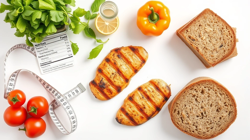 Flat lay of a nutrition facts label, measuring tape, and healthy food items like grilled chicken breast, whole grain bread, and fresh vegetables on a clean white surface