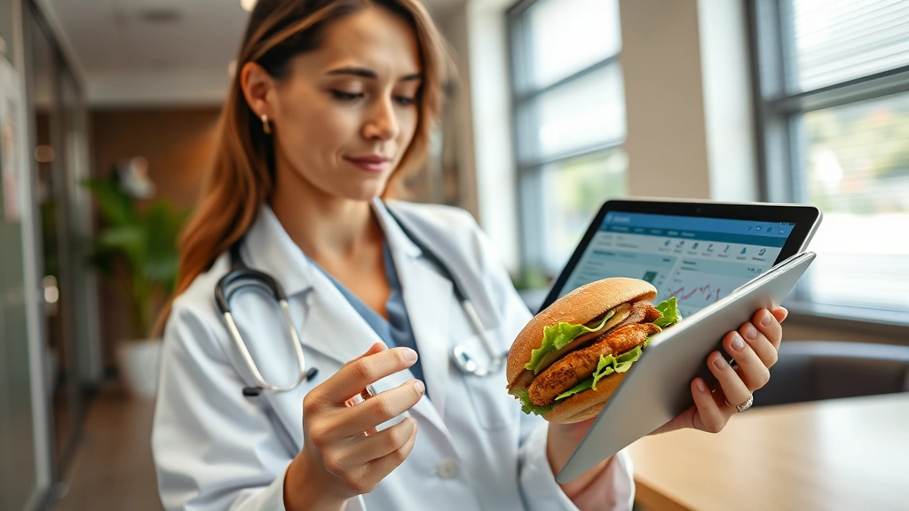 Registered dietitian reviewing nutrition data on tablet while holding a grilled chicken sandwich, modern clinic office setting, professional healthcare environment