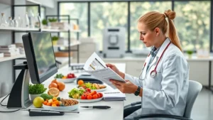 Professional nutrition analyst reviewing food documentation at modern desk with measuring tools, healthy meal components visible, clinical laboratory setting with natural lighting