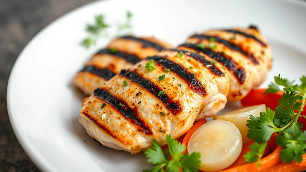 Close-up of grilled chicken pieces on minimalist white plate with fresh vegetables and herbs, professional food photography, natural daylight, vibrant healthy ingredients
