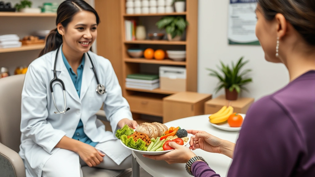 Registered dietitian consultation scene showing balanced meal plate construction with proteins, vegetables, and grains, clinical but welcoming healthcare environment, diverse healthy foods displayed