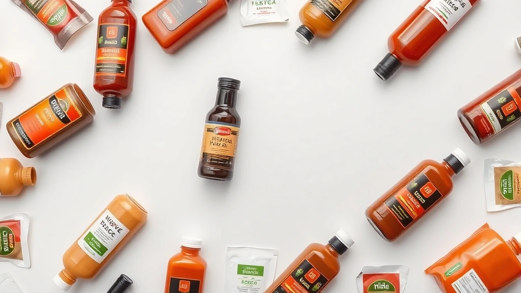 Overhead flat-lay composition of various sauce bottles and packets arranged in organized rows, different colored condiments visible, minimalist aesthetic, neutral background, sharp focus on nutritional labels and packaging details