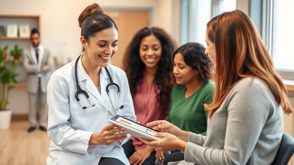 Registered dietitian in clinical setting reviewing nutrition information on tablet with client, professional healthcare environment, warm and approachable atmosphere, diverse representation, focus on consultation and education process