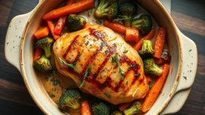 Overhead view of golden-baked chicken breast with roasted broccoli, carrots, and bell peppers in ceramic baking dish, fresh herbs scattered on surface, warm natural lighting from kitchen window
