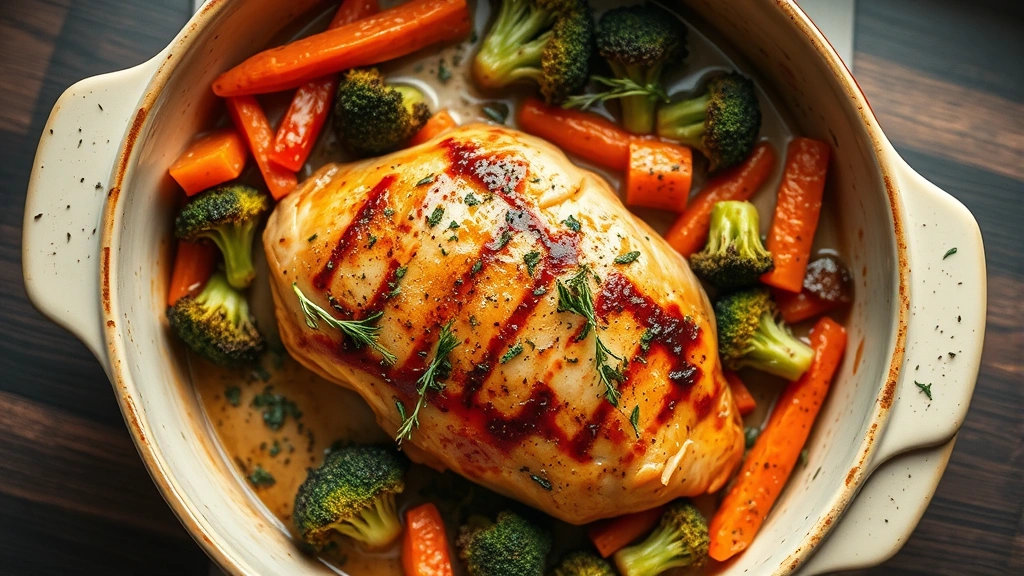 Overhead view of golden-baked chicken breast with roasted broccoli, carrots, and bell peppers in ceramic baking dish, fresh herbs scattered on surface, warm natural lighting from kitchen window