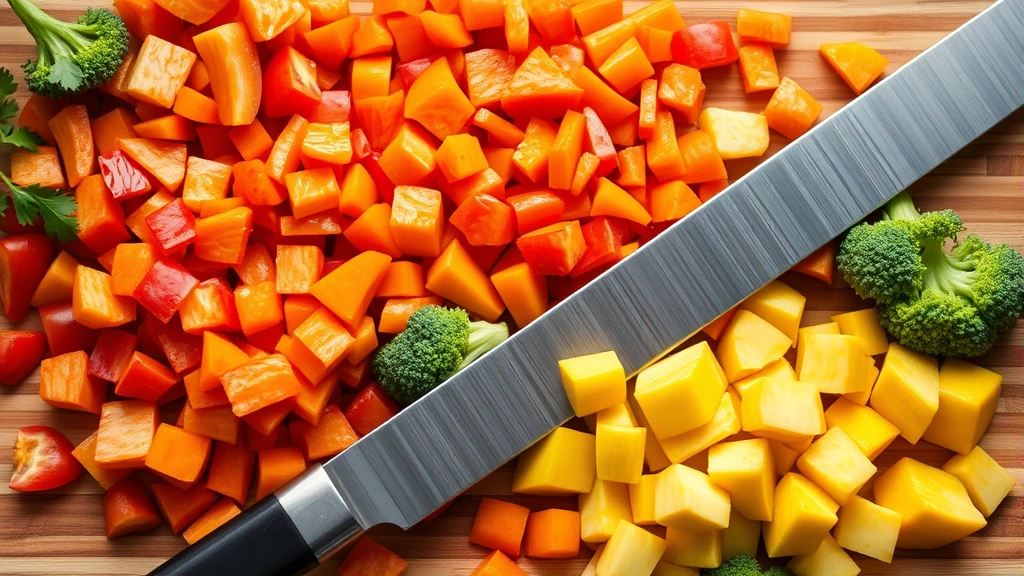 Close-up of colorful diced vegetables including red bell peppers, orange carrots, green broccoli florets, and yellow squash arranged separately on wooden cutting board with chef's knife