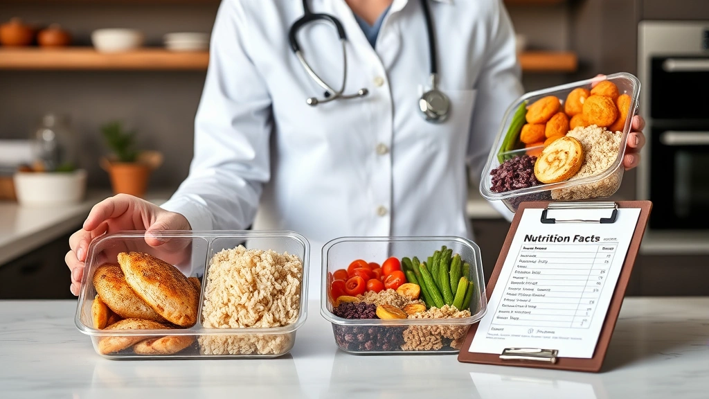 Professional nutritionist reviewing meal prep containers with portioned chicken bake servings, whole grain rice, and steamed vegetables, clipboard with nutrition facts visible on modern kitchen counter