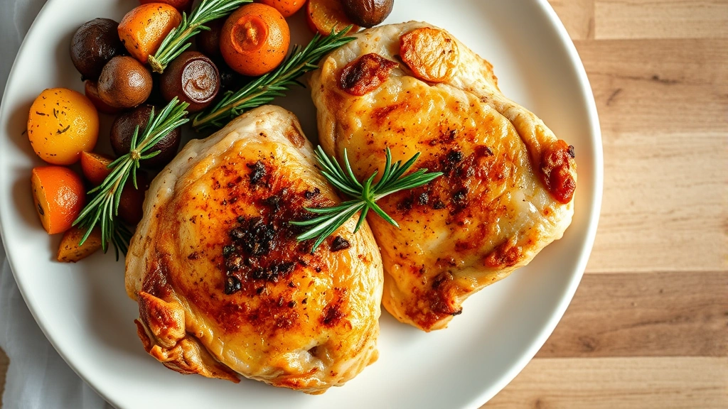 Professional overhead shot of golden-brown baked chicken breasts with fresh rosemary sprigs and roasted vegetables on white ceramic plate, natural kitchen lighting, steam rising